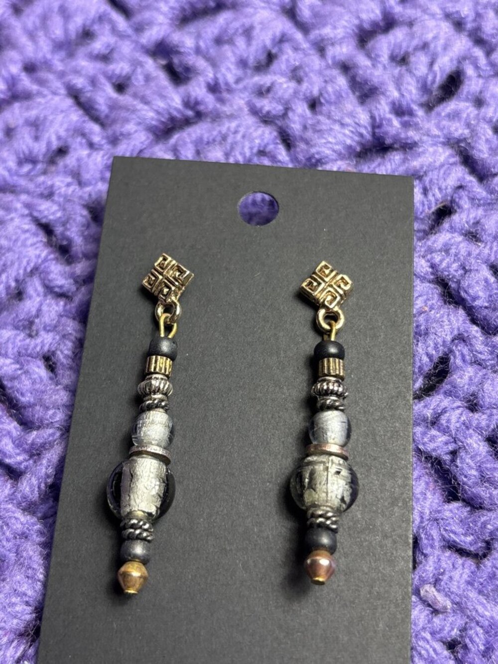 Grey Glass Bead Dangle Earrings Black Goldtone 2 inches